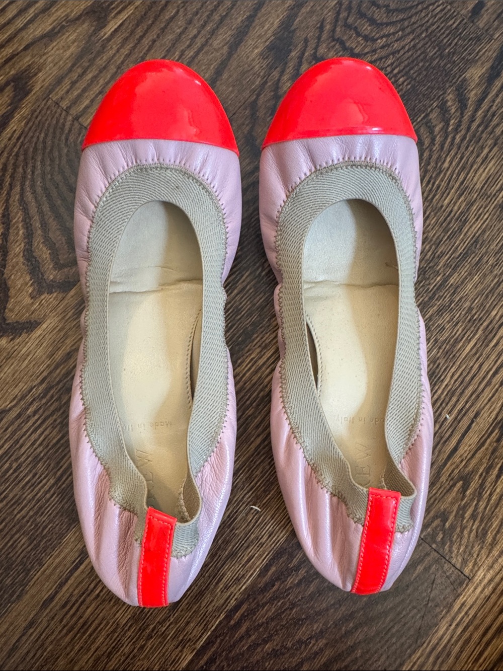 J. Crew Pink Leather Ballet Flats with Bright Coral Toe Accent